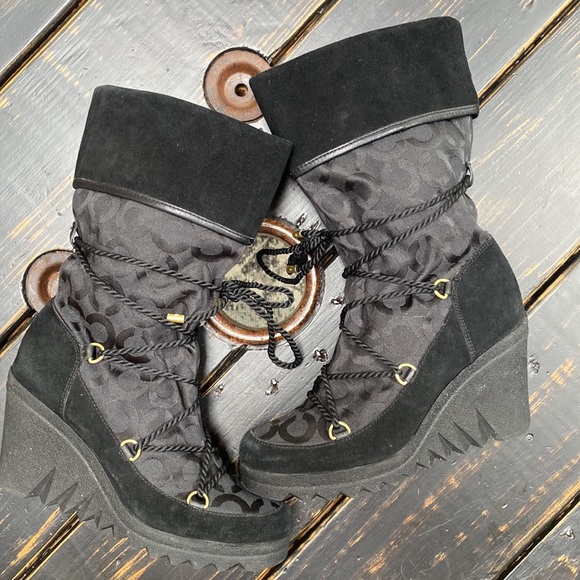Coach black monogram jacquard Maisy rope tie lace up wedge winter boots Size 8 - Picture 1 of 16